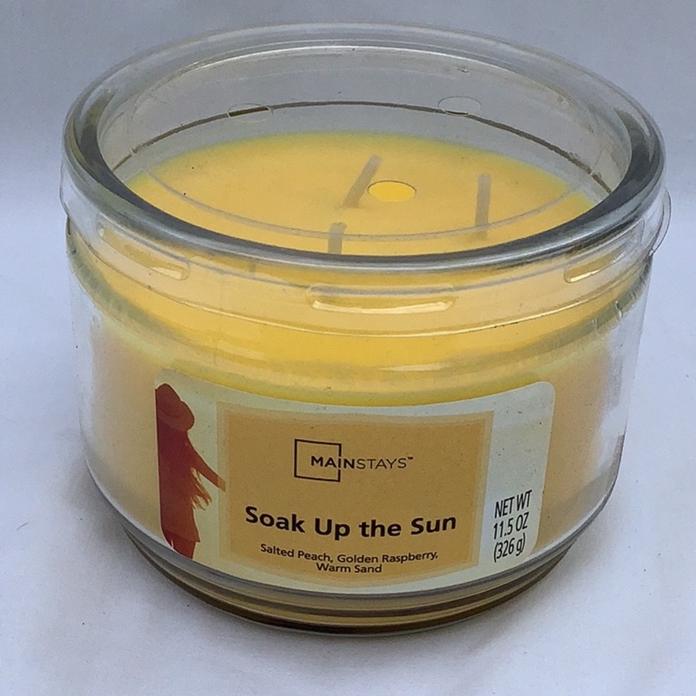 MAINSTAYS SOAK UP THE SUN 3 WICK 11.5 oz. CANDLE PEACH,RASPBERRY,AND WARM SAND